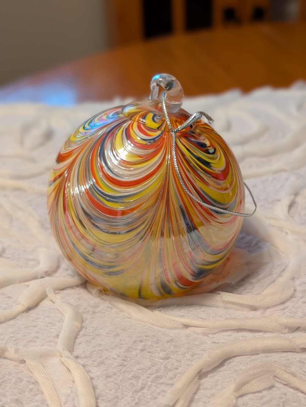 Hand Blown Swirled Glass Ornament - Yellow Multicolor. "Witch ball"